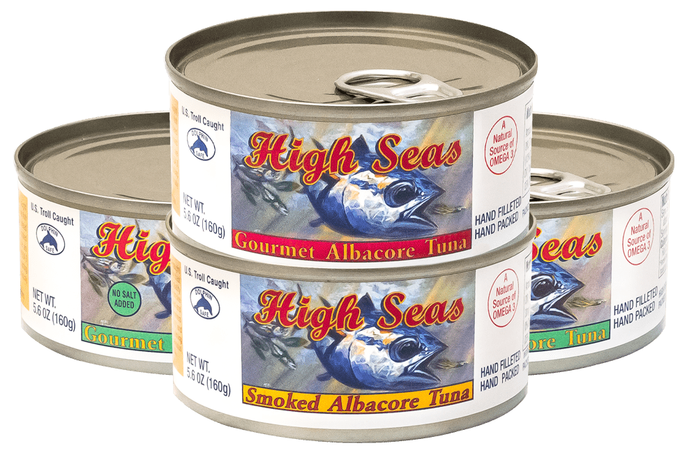 Product shot of gourmet hand filleted and hand packed white Albacore Tuna from High Seas Tuna Co.