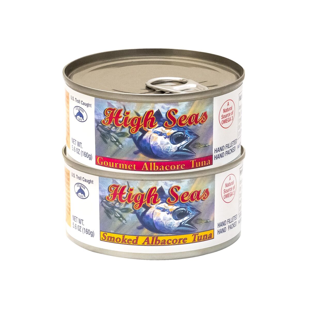 Product shot of gourmet and smoked hand filleted and hand packed Albacore Tuna.